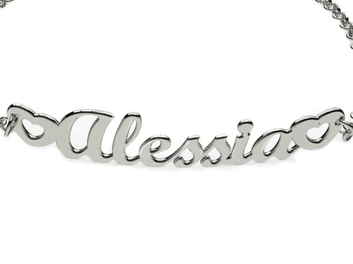 Bracciale Nome Corsivo 2 Cuori - Argento