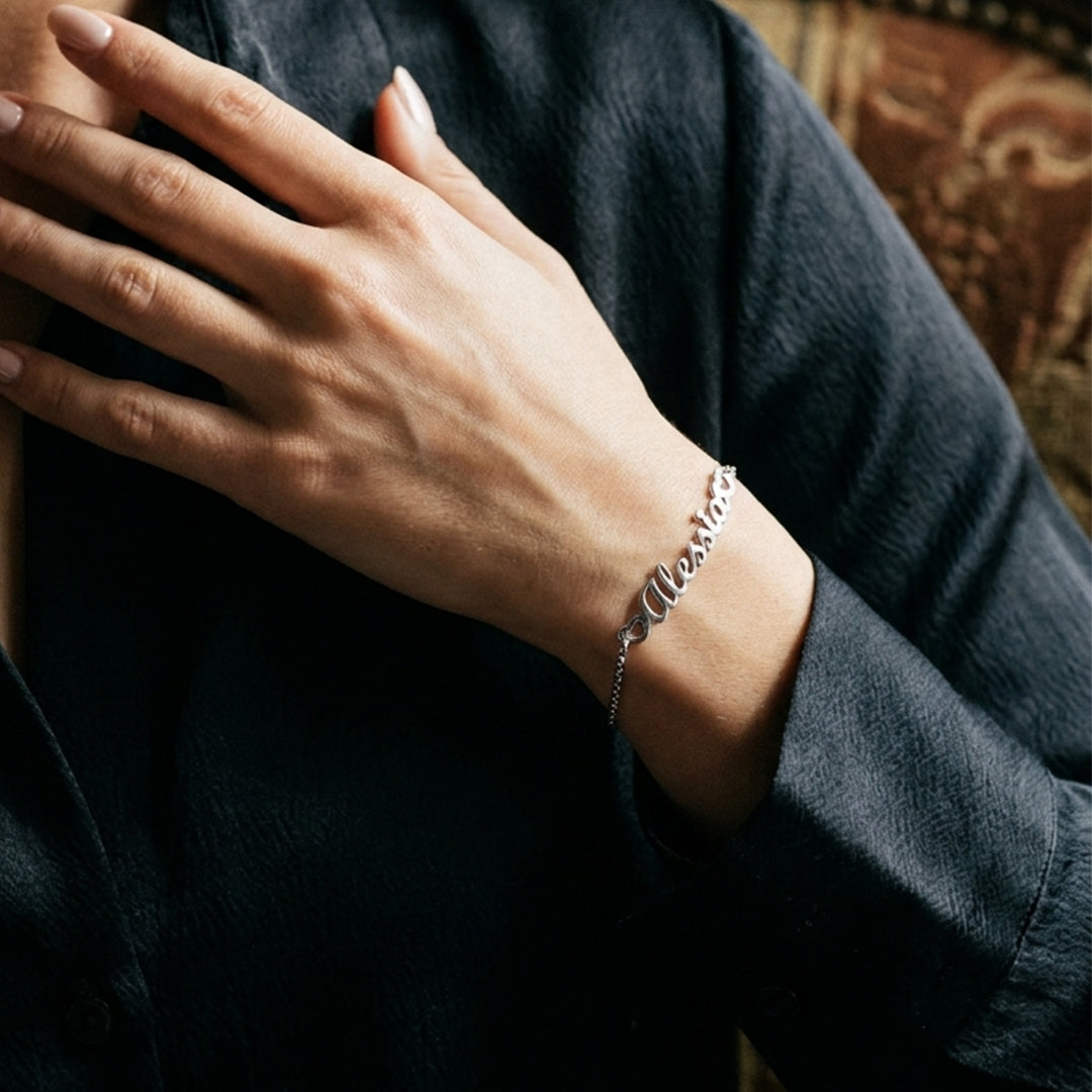 Bracciale Nome Corsivo 2 Cuori - Argento