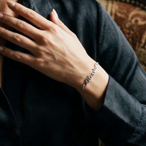 Bracciale Nome Corsivo 2 Cuori - Argento