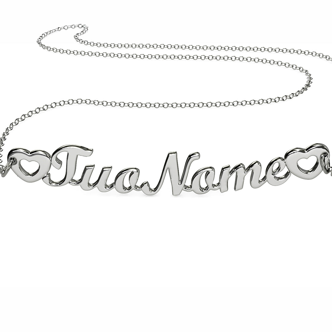 Collana Nome Corsivo 2 Cuori - Argento